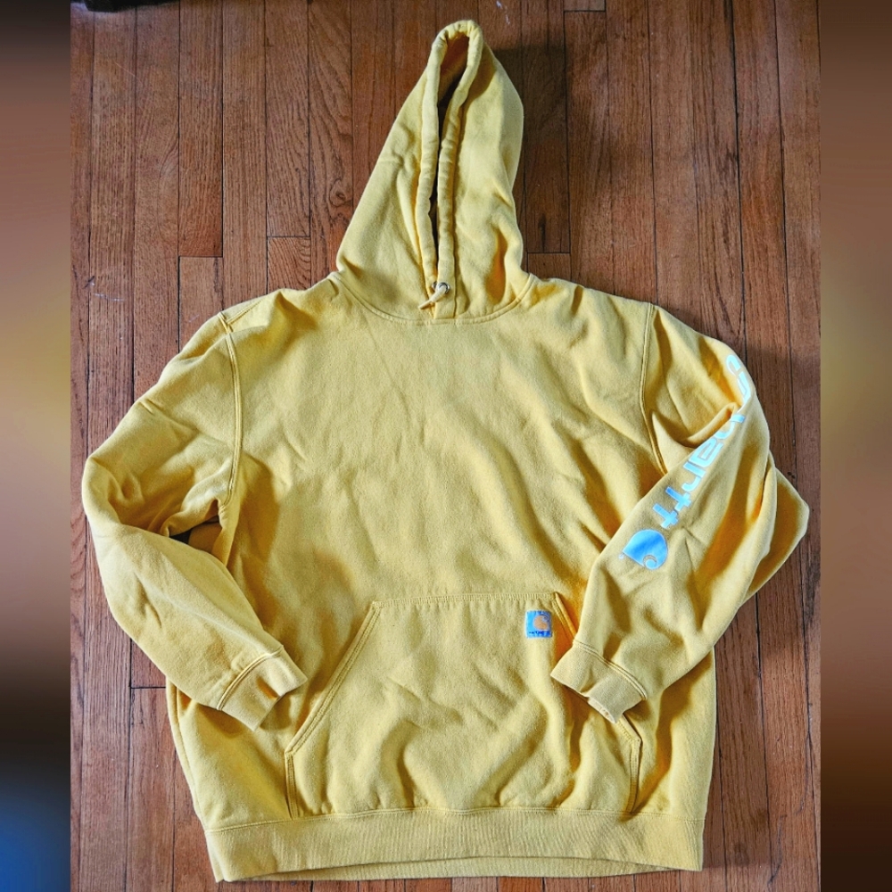 Carhartt Mens Loose Fit Logo Sleeve Hoodie Pullover Fleece, Yellow, Size 2XL